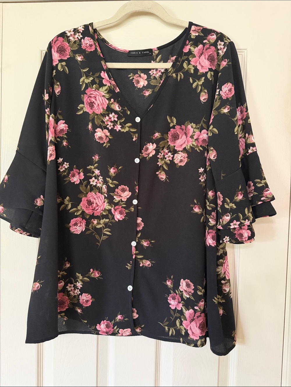 Black Blouse with Pink Rose Print Size 1X